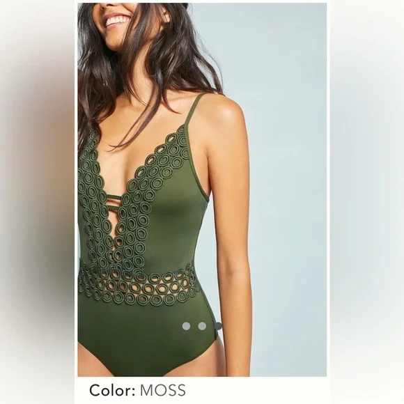 BECCA Siren Olive Green One Piece Swimsuit. Cute Circular Cutouts, Tie Back. - Picture 2 of 16